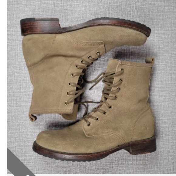 $399 Frye Veronica Combat Real Tan Ash Suede Leather Lace Up Moto Low Heel Boot - Picture 7 of 7